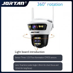 Κάμερα JORTAN 9MP Wifi, εξωτερική οθόνη 3 αισθητήρων με υβριδικό ζουμ 8x, διεπαφή Ethernet RJ45, λειτουργία έξυπνου συναγερμού, ανίχνευση κίνησης AI, έγχρωμη νυχτερινή όραση και ήχος 2 δρόμων JORTAN5PRO