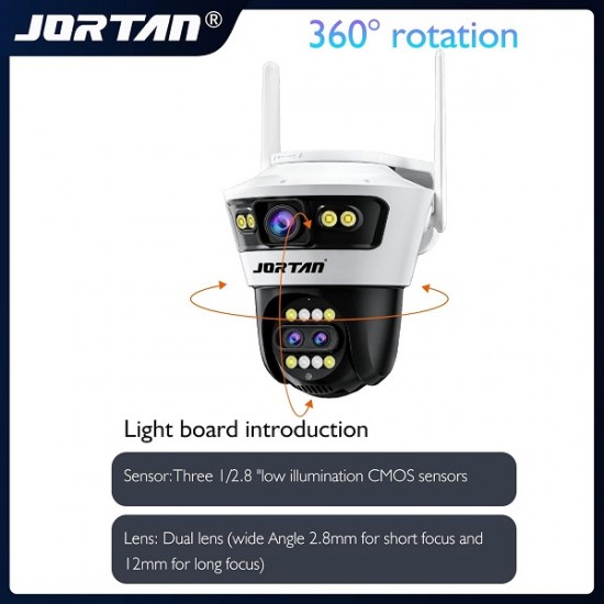 Κάμερα JORTAN 9MP Wifi, εξωτερική οθόνη 3 αισθητήρων με υβριδικό ζουμ 8x, διεπαφή Ethernet RJ45, λειτουργία έξυπνου συναγερμού, ανίχνευση κίνησης AI, έγχρωμη νυχτερινή όραση και ήχος 2 δρόμων JORTAN5PRO
